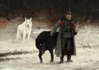 Nacht & Tag. ‘Günter von Duisburg with his dire wolves Nacht & Tag’ concept art of the main character for ‘Scythe’ game, hope you like it :]