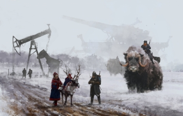 1920 - Dad's at work. New painting from my 1920+ universe & Scythe game, introducing the mood & atmosphere of the Nordic Kingdom fraction :)
