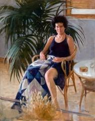 Claire With Quilt, 1991, oil / canvas, (size?)42x30 in.,
Another painting done in remembrance of that idyll in time called Pietrasanta