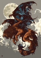 MANTICORE
 One of the most famous hybrids of ancient times – Manticore. Aspects of the creature vary from story to story. Basically, it has the body of a red lion, a human head with three rows of sharp teeth (like a shark) and sometimes bat-like wings.