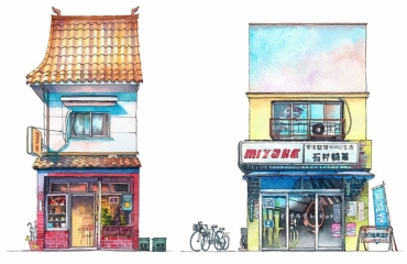 Chinese food restaurant, Takadanobaba district (left), Miyake bicycle shop based on shops in Kagurazaka and Kichijyouji (right)